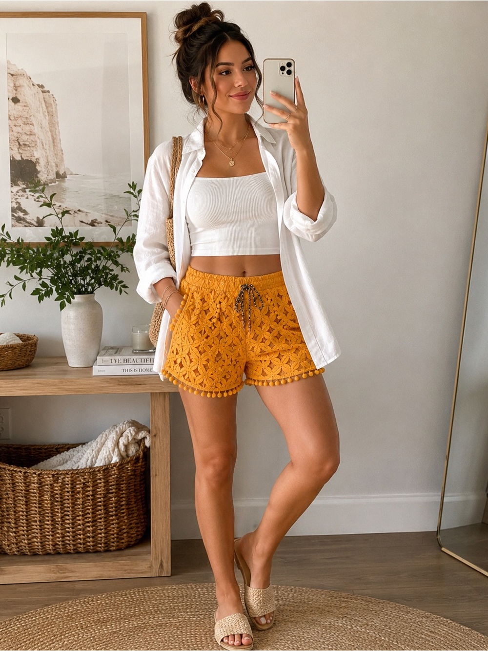 Xhilaration Mustard Yellow Lace Pom Pom Boho Shorts Size Large